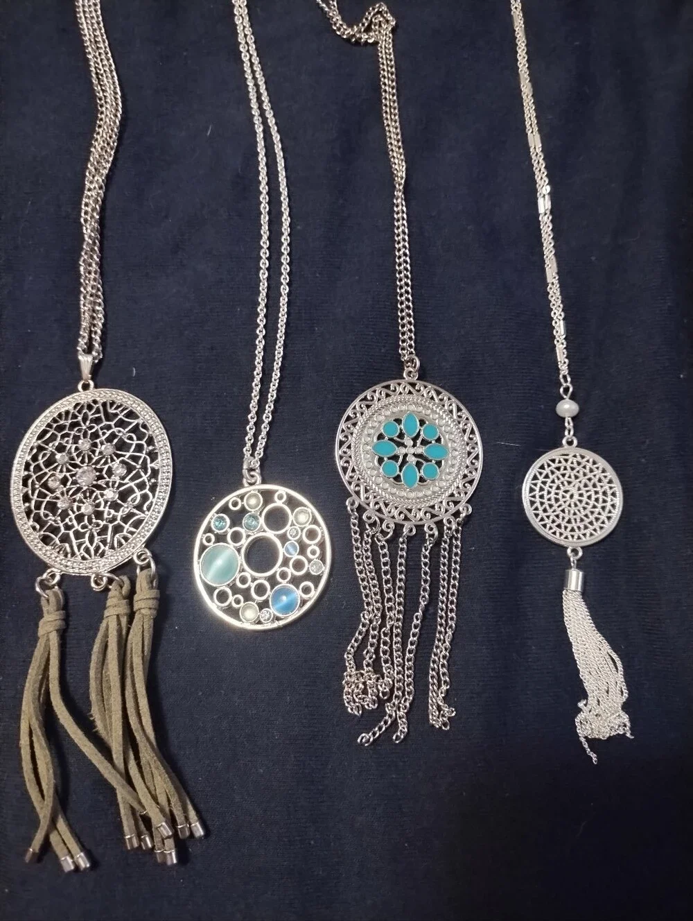 Set Of 4 Silver Tone Round Pendant Necklaces
